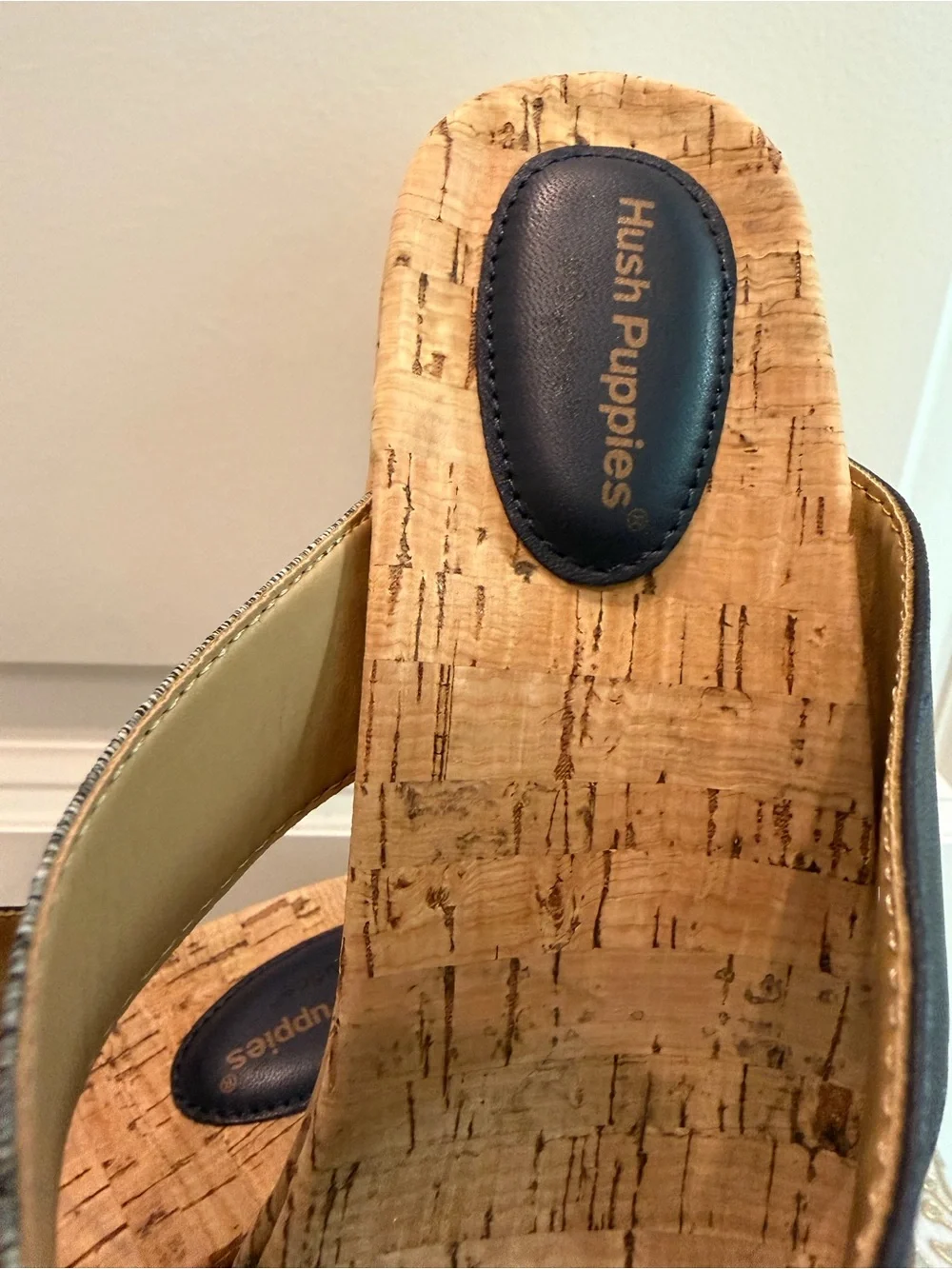 Hush Puppies Coco Cork Wedge Sandals Navy Leather Elastic Size 9